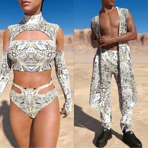 Multicolor Geometric Couple’s Rave Outfit